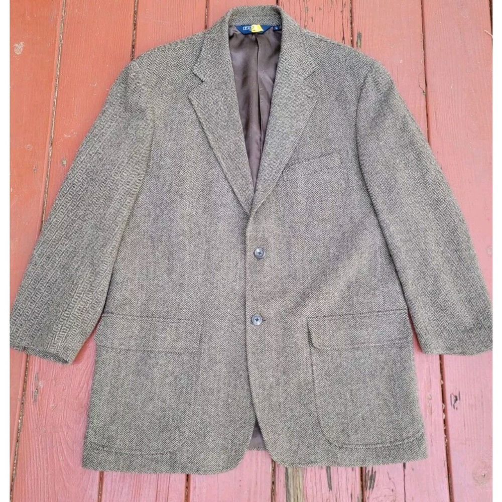 Vintage Polo Ralph Lauren Tweed Blazer 40R Mens Brown Herringbone Wool Vented